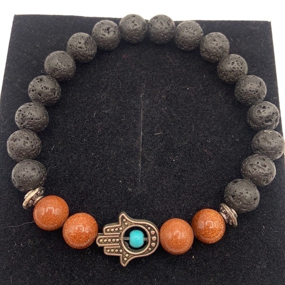 Boho Black & Orange Beaded Metal Hand Stretchy Bracelet New! - Picture 1 of 4